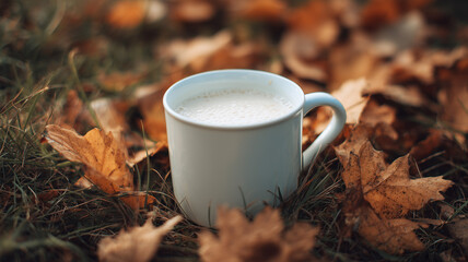 A white mug of milk on the grass, surrounded by fallen leaves. the photo was taken with an iphone and has a warm color tone. Ai generated
