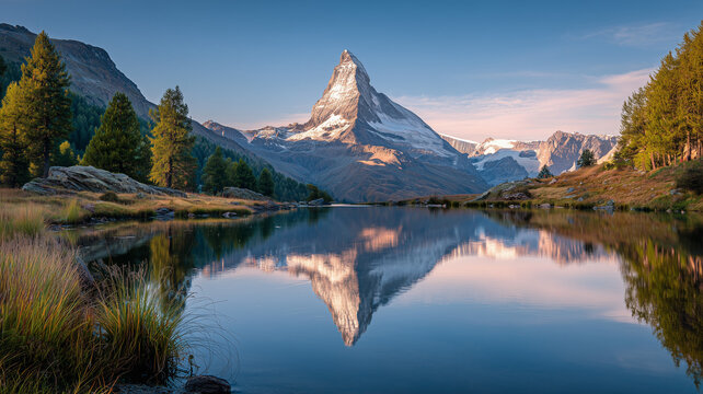 A stunning view of the iconic peak, matterhorn in zermatt, switzerland at sunrise with a clear sky and reflection on lake stafelalp. Ai generated - Powered by Adobe