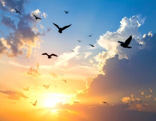 Obraz premium A flock of birds is flying in the evening sky.