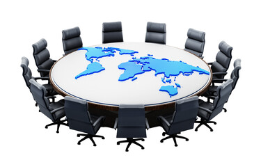 Earth map on table surrounded with seats isolated on transparent background. 3D rendering