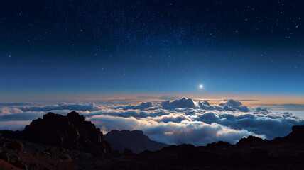 Silhouette of mountains above the clouds at night with a starry sky and moonlight. a panoramic view from within mount teide in tenerife. Ai generated