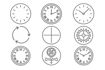 Timekeeping Icons Design. Line style icons of timekeeping elements in round shape: tick marks, minute hand, hour hand, second hand