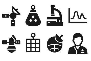Astrobiology Tools Icons. Solid style icons of astrobiology tools: Space Probe Icon, Sample Return Capsule, Microscopic Scanner,