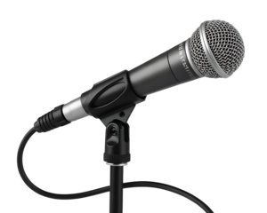 Professional dynamic microphone on stand against black background