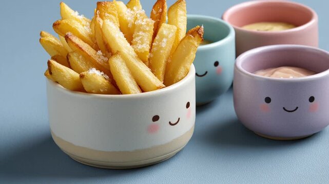 Crispy golden french fries with cute pastel dipping bowls. Showcase cute, hand-painted dipping bowls in pastel colors.