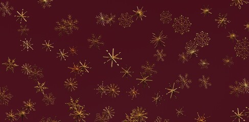 Elegant digital illustration of golden snowflakes falling on a dark red burgundy background....