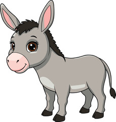 Cute cartoon donkey illustration, adorable farm animal with big eyes, smiling gray donkey character, kids animal art, vector design