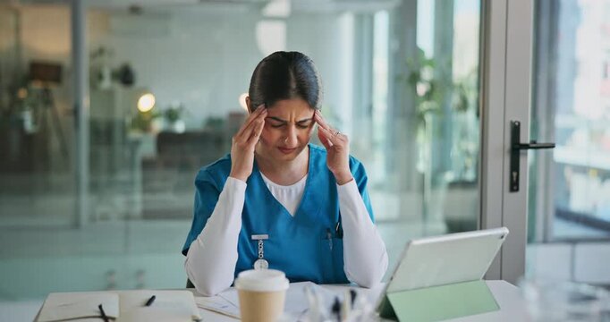 Woman, nurse and stress with tablet for mistake, fatigue or mental health in hospital. Frustrated, female person or healthcare worker with migraine, anxiety or overworked on technology for strain