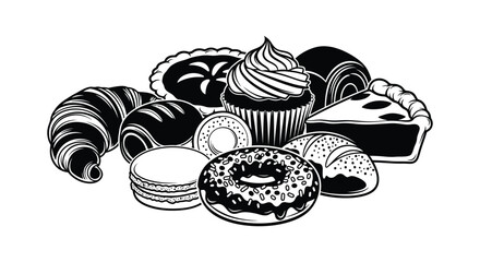 A delicious assortment of baked goods including croissants, donuts, and pies is displayed.