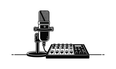 A professional microphone sits next to a mixing board for audio recording.