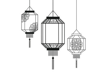 Three decorative lanterns hang suspended against a white background, showcasing intricate designs.