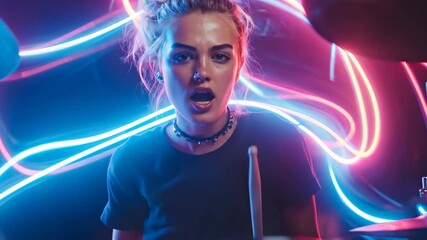 Energetic drummer with neon lights in background
