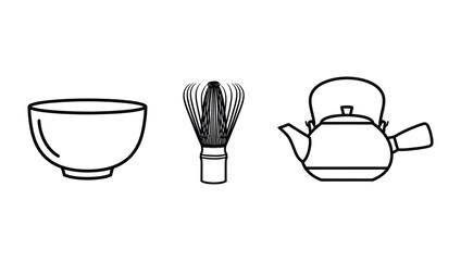 Traditional matcha tea set including a bowl, whisk, and teapot.