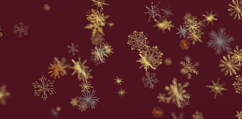 Abstract snowflakes in gold colors over a deep red backdrop. Perfect for seasonal designs, Christmas projects, and festive backgrounds. Great fo