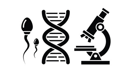 Microscope, DNA, and sperm cells represent the study of genetics and reproduction.