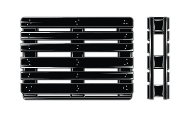 A black industrial shipping pallet and its side view are isolated on a white background.