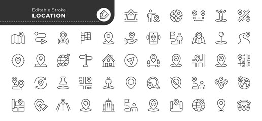 Location line icon set. Navigation, geolocation, map, map pin, gps, path, route, distance, destination, directions, street, road, position and more. Outline icon in linear style. Vector collection.	