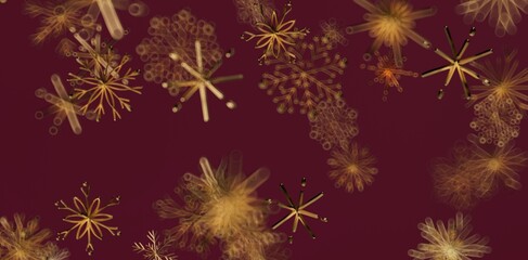 Elegant abstract design featuring gold snowflakes against a rich burgundy background, perfect for holiday greetings and festive designs. Evokes