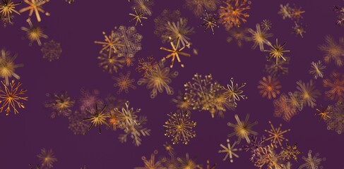 Abstract golden snowflakes floating on a deep purple background. Perfect for holiday themes, winter concepts, and festive designs. Evokes a sens