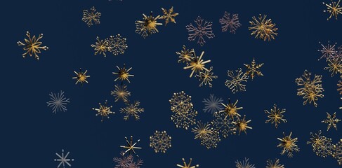 Stunning Christmas design with golden snowflakes falling against a dark blue background, perfect for holiday greetings, winter events, and festi