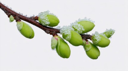 Macro shot of green buds emerging from a frosted branch against a pure white background, symbolizing new beginnings and the transition from winter to spring.