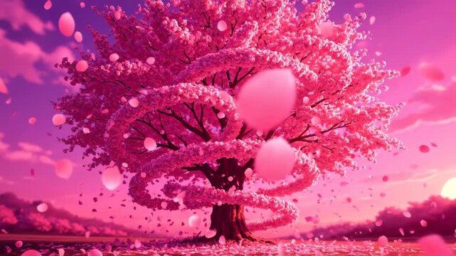 A vibrant pink cherry blossom tree swaying in the breeze with petals falling down, creating an enchanting natural animation.