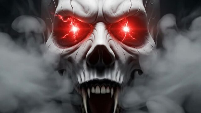 A menacing pale skull-like face with glowing red eyes and sharp fangs emerges from swirling white mist against a dark background detailed with cracks