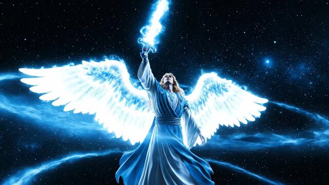 Archangel Michael raises his sword upward and charges it with energy. Theosophy and esotericism, for religious or fantasy video.