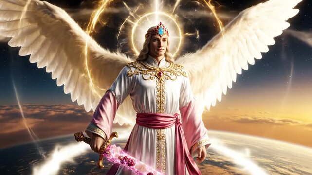 Archangel Chamuel with a halo and flapping wings hovers over the planet. Esotericism and theosophy.