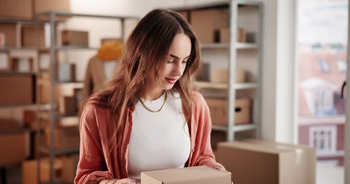 Ecommerce, entrepreneur and woman with boxes in warehouse, check delivery info and supply chain. Logistics, retail or business owner with package for order distribution, shipping or transport details