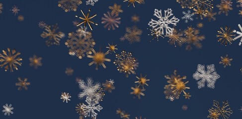 Abstract gold and white snowflakes falling on a navy blue backdrop. Winter season concept. Festive, christmas, holiday background.