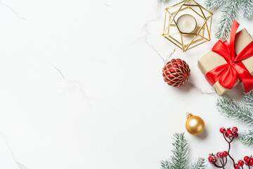 Christmas flat lay background on white.