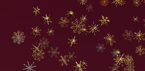 Stunning golden snowflakes floating on a rich burgundy backdrop, perfect for winter holiday designs...
