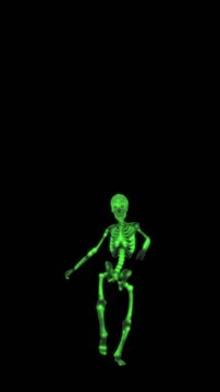 Seamless vertical video of a dancing skeleton isolated with alpha channel. Funny halloween background with neon fluorescent effect for parties and events.