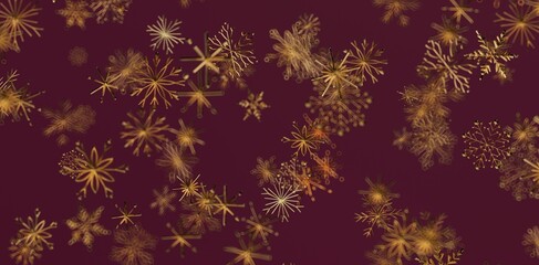 Elegant gold snowflakes on a deep burgundy background. Perfect for Christmas, winter, and festive designs. Suitable for backgrounds, invitations
