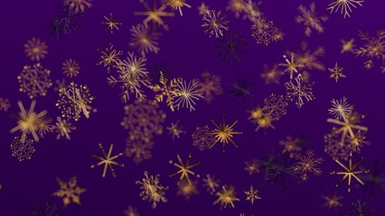 Elegant digital illustration of golden snowflakes over a deep purple background. Great for holiday greetings, winter designs, and festive promot