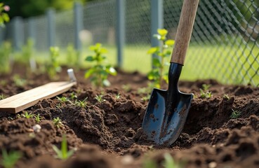 Small shovel digs fresh brown earth in garden bed. Young green plants grow in rows. Cultivated soil prepares for new seeds. Backyard work shows springtime gardening, planting, farming activity.