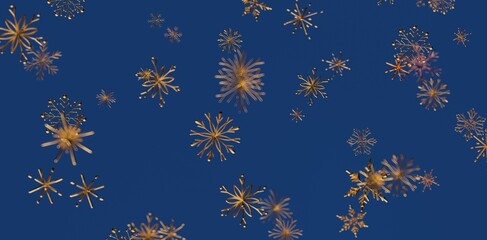 Abstract golden snowflakes on a deep blue background. Perfect for Christmas, winter, New Year, and seasonal designs. Ideal for backgrounds, desi