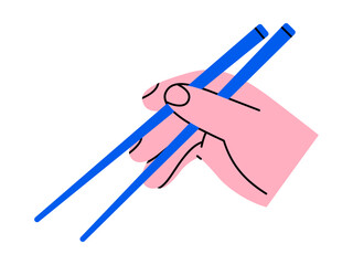 Hand drawn cute illustration of hand holding chopsticks. Flat vector traditional Asian food sticks in arm doodle. Wooden utensils for eating sticker, icon. Takeaway Chinese menu. Isolated.