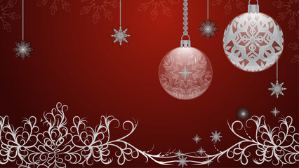 Luxury red festive background with shiny silver Christmas baubles, delicate snowflakes, and elegant decorative swirls. Perfect for holiday greeting cards, invitations, banners, winter sale promotions,