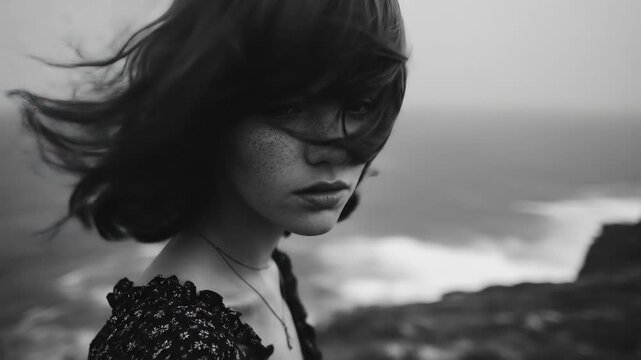 Wind-swept portrait of a freckled woman
