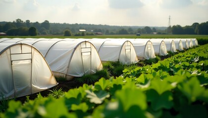 Greenhouse clusters on flat agricultural land near urban edge