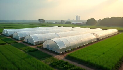 Greenhouse clusters on flat agricultural land near urban edge