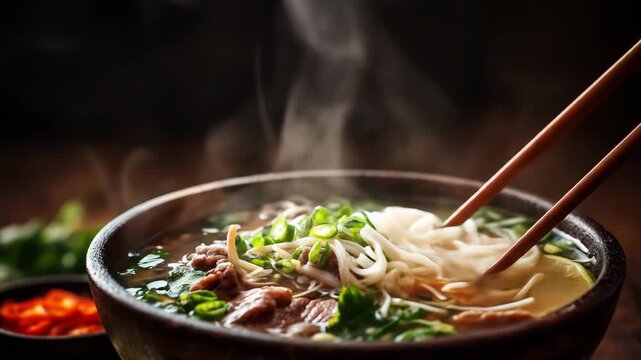 Vietnamese pho noodle soup in a rustic bowl