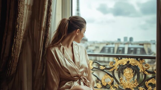 Woman gazing from window with Eiffel Tower view