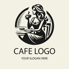 Black and white flat vector logo of a beautiful girl drinking coffee at a table, minimalist elegant outline design perfect for cafes, restaurants, branding, coffee shops and packaging.