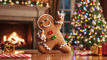 A whimsical gingerbread man dances amidst a flurry of snowflakes, with a cozy fireplace and a brightly lit christmas tree creating a festive holiday scene - Powered by Adobe