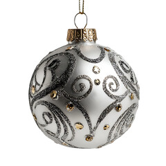 Silver christmas ornament isolated on transparent background with glitter design