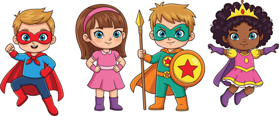 children, costumes, superhero, princess, cartoon, illustration, vector, design, lifestyle, childhood, imagination, play, creativity, fantasy, fun, activity, concept, adventure, empowerment, roleplay