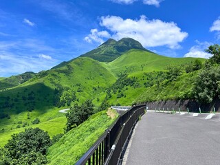 Panoramic view of Yufuin valley and surrounding mountains, Oita, Japan